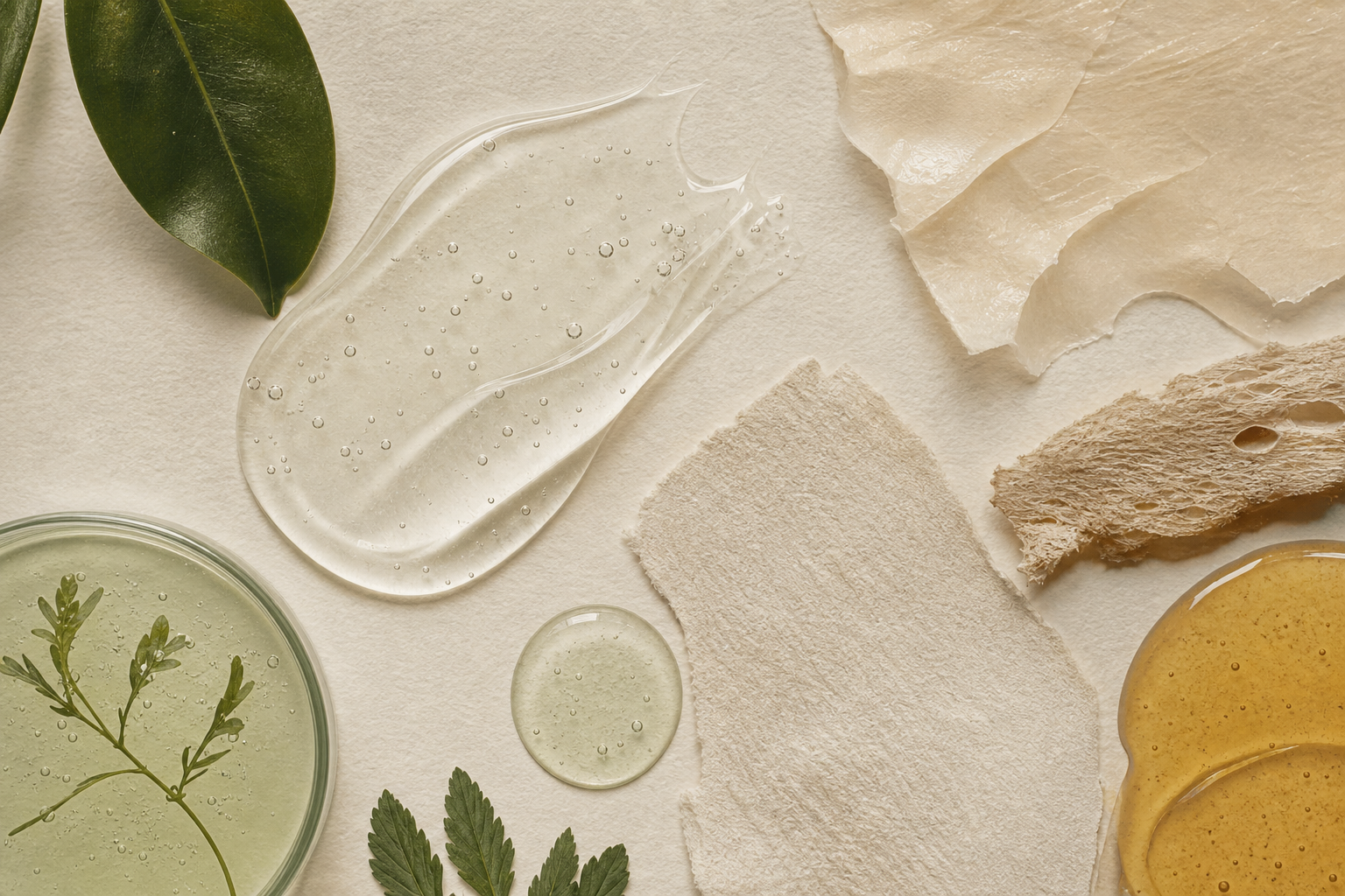 Translucent formulation and skin-like material textures on warm paper.