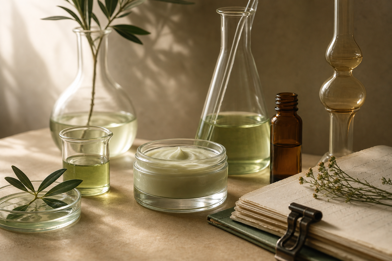 Laboratory glass, formulation material, and an organized document edge.